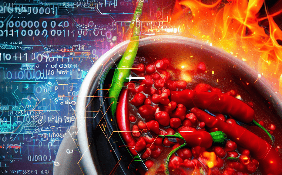 A flaming hot bowl of curry in front floating code.